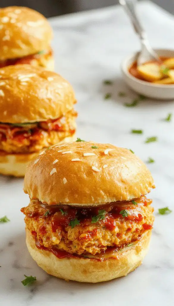 A close-up of golden-brown chicken sliders stacked on a wooden serving board. The sliders are topped with a drizzle of spicy sauce, crispy lettuce, and soft buns with sesame seeds. The background features a picnic table with fresh ingredients and a hint of vibrant green herbs.