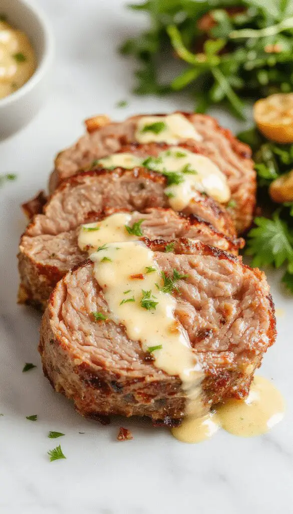 A perfectly cooked pork tenderloin sliced to reveal a juicy, tender interior, coated with a glossy, creamy Dijon sauce, garnished with fresh herbs on a white plate. The dish is presented against a rustic wooden background with a side of colorful roasted vegetables.