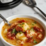 A hearty bowl of kielbasa and potato soup garnished with chopped fresh herbs. The soup has a rich, creamy texture with chunks of sliced kielbasa and tender potatoes, served in a rustic white bowl. The background features a wooden table with a loaf of crusty bread and a spoon beside the bowl, evoking a comforting, home-cooked meal.