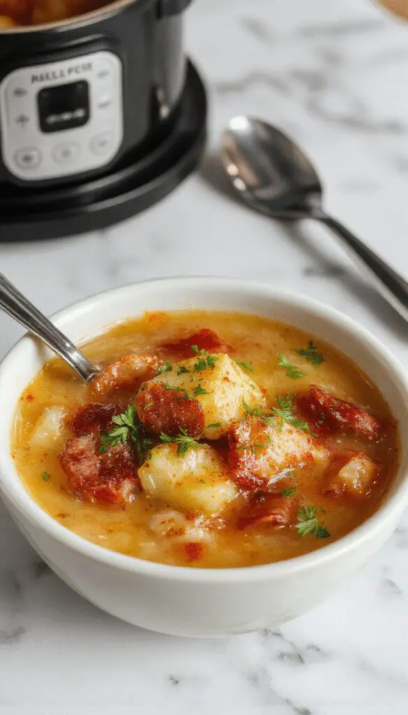 A hearty bowl of kielbasa and potato soup garnished with chopped fresh herbs. The soup has a rich, creamy texture with chunks of sliced kielbasa and tender potatoes, served in a rustic white bowl. The background features a wooden table with a loaf of crusty bread and a spoon beside the bowl, evoking a comforting, home-cooked meal.