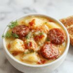 A steaming bowl of creamy potato chowder topped with crispy sausage slices, garnished with fresh herbs, served in a rustic white bowl on a wooden table.