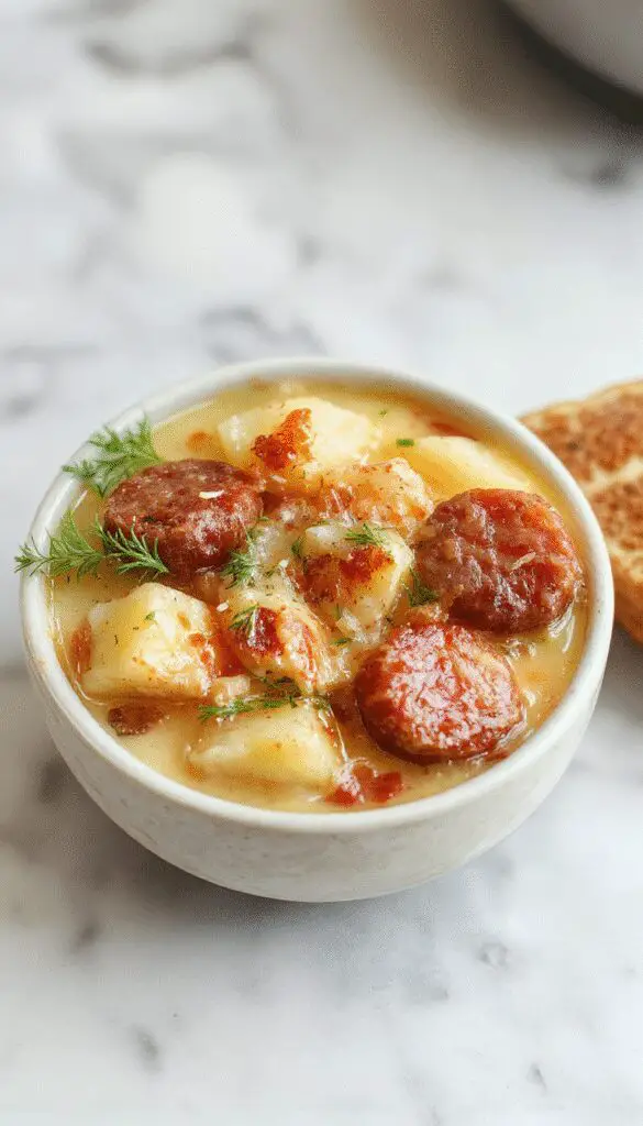 A steaming bowl of creamy potato chowder topped with crispy sausage slices, garnished with fresh herbs, served in a rustic white bowl on a wooden table.