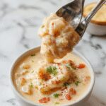 A steaming bowl of creamy pasta soup garnished with chopped herbs, featuring elbow noodles enveloped in a rich, smooth, and velvety white sauce, served in a rustic ceramic bowl with a spoon next to it. The background is a wooden table with fresh ingredients like herbs and garlic scattered around, emphasizing the comforting and hearty appeal of the dish.