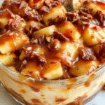 A layered apple caramel trifle in a clear glass bowl showcasing vibrant caramel, sliced apples, whipped cream, and crumbled cookies topped with a caramel drizzle and cinnamon dusting. The dessert is beautifully arranged, inviting with its rich textures and warm fall colors.