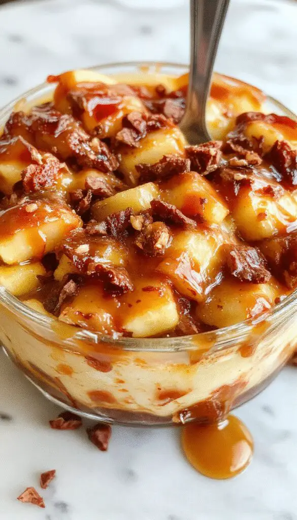 A layered apple caramel trifle in a clear glass bowl showcasing vibrant caramel, sliced apples, whipped cream, and crumbled cookies topped with a caramel drizzle and cinnamon dusting. The dessert is beautifully arranged, inviting with its rich textures and warm fall colors.