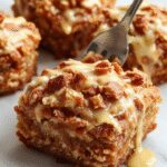 A slice of Caramel Toffee Crunch Cake on a white plate, layered with rich caramel and toffee topping, decorated with crunchy toffee bits and a drizzle of caramel. The cake has a moist, dense texture with a glossy caramel glaze on top, contrasted by golden toffee pieces for garnish.