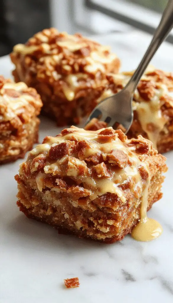 A slice of Caramel Toffee Crunch Cake on a white plate, layered with rich caramel and toffee topping, decorated with crunchy toffee bits and a drizzle of caramel. The cake has a moist, dense texture with a glossy caramel glaze on top, contrasted by golden toffee pieces for garnish.