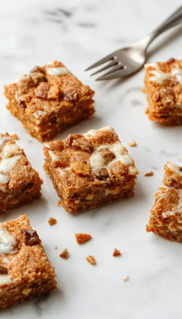 A close-up of frosted carrot cake bars arranged on a rustic wooden platter. The bars are golden orange with a creamy white frosting drizzled on top, speckled with tiny carrot shreds and sprinkled with chopped nuts. The background features a softly blurred kitchen setting with additional cake bars and fresh carrots.