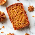 A close-up of a freshly sliced Chai Spice Maple Pumpkin Bread loaf on a rustic wooden cutting board. The bread has a golden-brown crust with a slightly cracked top, revealing a moist, orange-hued crumb speckled with spices. A few slices are fanned out next to the loaf, showing the tender interior. In the background, a small bowl of maple syrup and a cup of chai tea with visible cinnamon sticks complement the scene. The setting is warm and inviting, with soft natural lighting highlighting the textures and colors.