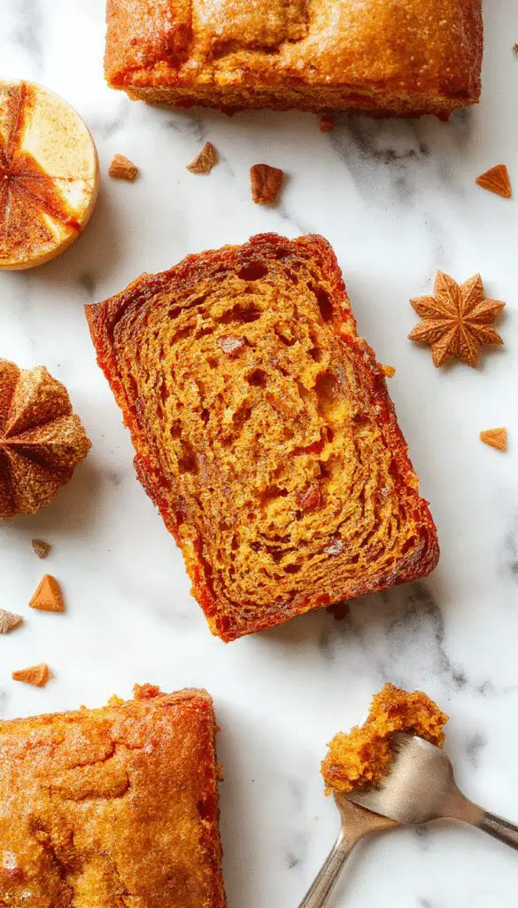 A close-up of a freshly sliced Chai Spice Maple Pumpkin Bread loaf on a rustic wooden cutting board. The bread has a golden-brown crust with a slightly cracked top, revealing a moist, orange-hued crumb speckled with spices. A few slices are fanned out next to the loaf, showing the tender interior. In the background, a small bowl of maple syrup and a cup of chai tea with visible cinnamon sticks complement the scene. The setting is warm and inviting, with soft natural lighting highlighting the textures and colors.