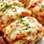 A close-up of golden-brown lasagna rolls filled with creamy cheese and tender chicken, topped with melted mozzarella and drizzled with Alfredo sauce, arranged neatly on a rustic white plate with fresh parsley garnish.