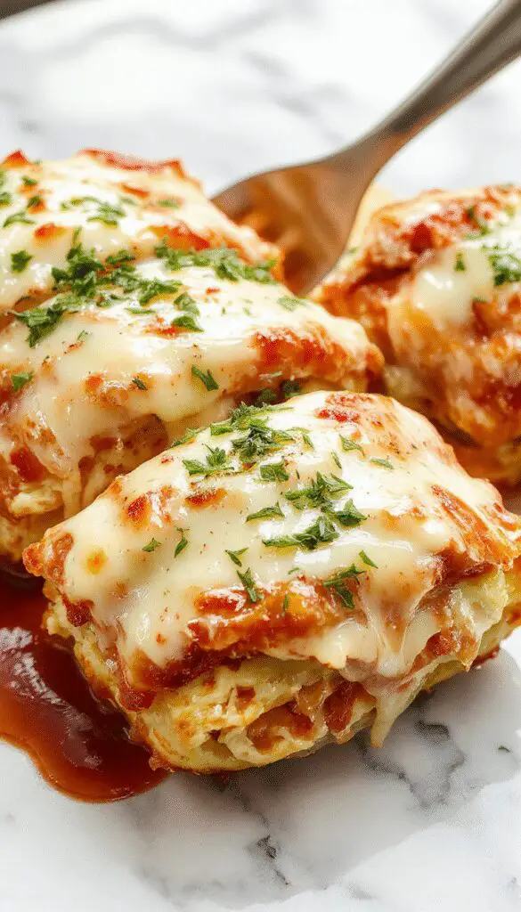 A close-up of golden-brown lasagna rolls filled with creamy cheese and tender chicken, topped with melted mozzarella and drizzled with Alfredo sauce, arranged neatly on a rustic white plate with fresh parsley garnish.