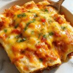 A plate of golden-brown enchiladas topped with melted cheese, garnished with fresh cilantro and sliced red chilies, with a side of lime wedges. The enchiladas are filled with shredded chicken and vibrant red chilies, showing a rich, cheesy exterior and steaming hot inside.