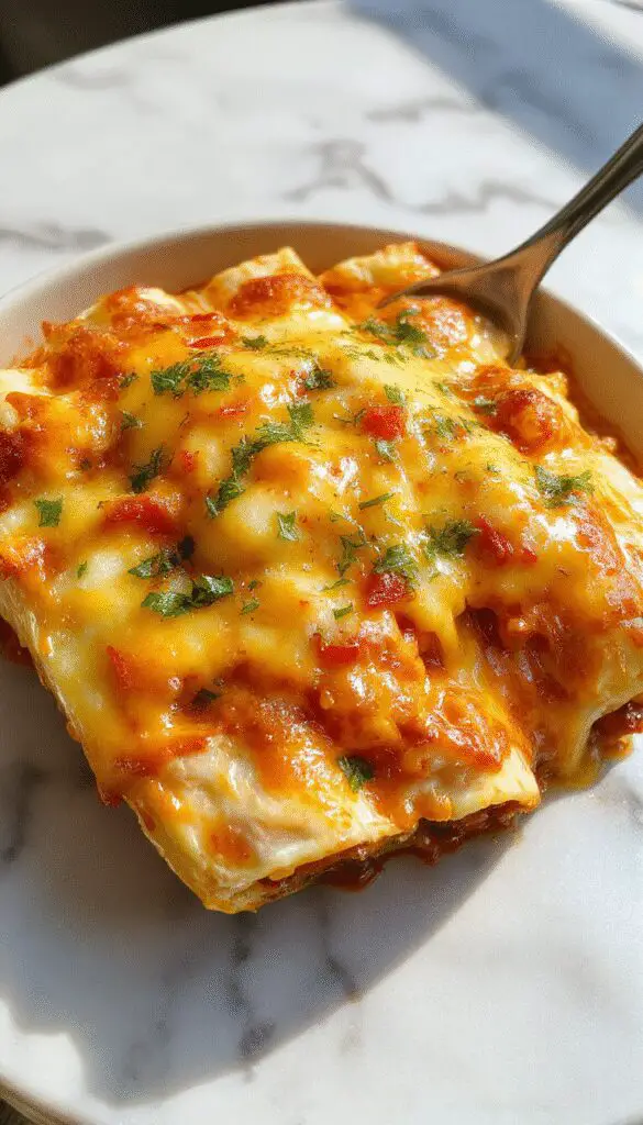 A plate of golden-brown enchiladas topped with melted cheese, garnished with fresh cilantro and sliced red chilies, with a side of lime wedges. The enchiladas are filled with shredded chicken and vibrant red chilies, showing a rich, cheesy exterior and steaming hot inside.