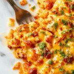 A golden-brown cheesy Dorito casserole served in a rectangular baking dish, topped with melted cheese and crushed Doritos around the edges. The casserole features layers of seasoned beef, melted cheese, and crispy Dorito topping, with a scoop taken out revealing the gooey interior. The dish is set on a rustic wooden table with a serving spoon beside it.