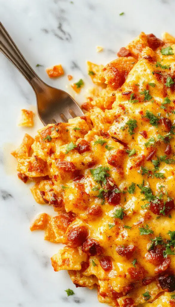A golden-brown cheesy Dorito casserole served in a rectangular baking dish, topped with melted cheese and crushed Doritos around the edges. The casserole features layers of seasoned beef, melted cheese, and crispy Dorito topping, with a scoop taken out revealing the gooey interior. The dish is set on a rustic wooden table with a serving spoon beside it.