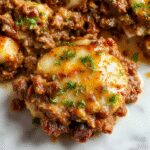A golden-brown cheesy ground beef and potato casserole in a rustic ceramic dish garnished with fresh herbs, surrounded by sliced potatoes and cooked beef filling, steam rising gently from the hot dish.
