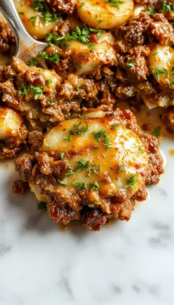 A golden-brown cheesy ground beef and potato casserole in a rustic ceramic dish garnished with fresh herbs, surrounded by sliced potatoes and cooked beef filling, steam rising gently from the hot dish.