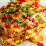 A golden-brown baked chicken burrito casserole topped with melted cheese, garnished with fresh cilantro and sliced jalapenos, served in a rustic white dish with vibrant salsa and sour cream on the side. The casserole reveals layers of seasoned chicken, beans, and rice, with a crispy cheese crust and colorful ingredients visible from the side.