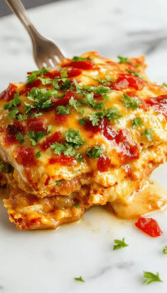 A golden-brown baked chicken burrito casserole topped with melted cheese, garnished with fresh cilantro and sliced jalapenos, served in a rustic white dish with vibrant salsa and sour cream on the side. The casserole reveals layers of seasoned chicken, beans, and rice, with a crispy cheese crust and colorful ingredients visible from the side.