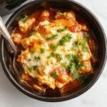A rustic white ceramic crockpot filled with shredded chicken and vibrant enchilada sauce, topped with melted cheese and chopped cilantro, set on a wooden table with fresh tortillas and colorful garnishes nearby.