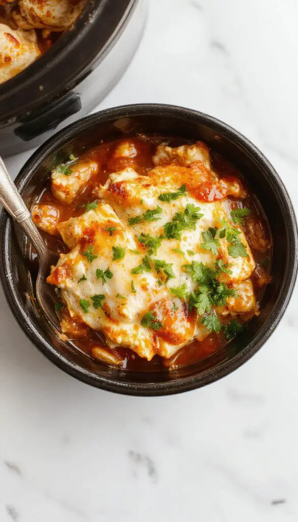 A rustic white ceramic crockpot filled with shredded chicken and vibrant enchilada sauce, topped with melted cheese and chopped cilantro, set on a wooden table with fresh tortillas and colorful garnishes nearby.