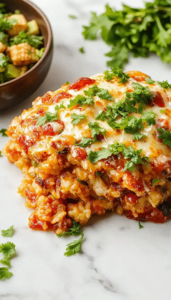 A warm, bubbling cheesy enchilada rice casserole in a round ceramic dish, topped with melted cheese, chopped cilantro, and sliced green chilies, garnished with a sprinkle of fresh herbs, with a side of fresh lime wedges and tortilla chips.
