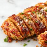 A golden-brown chicken meatloaf shaped into a loaf on a white plate, topped with melted Parmesan and sprinkled with fresh herbs. The loaf displays a moist, tender texture with a crispy crust, garnished with a sprig of parsley and surrounded by roasted vegetables.