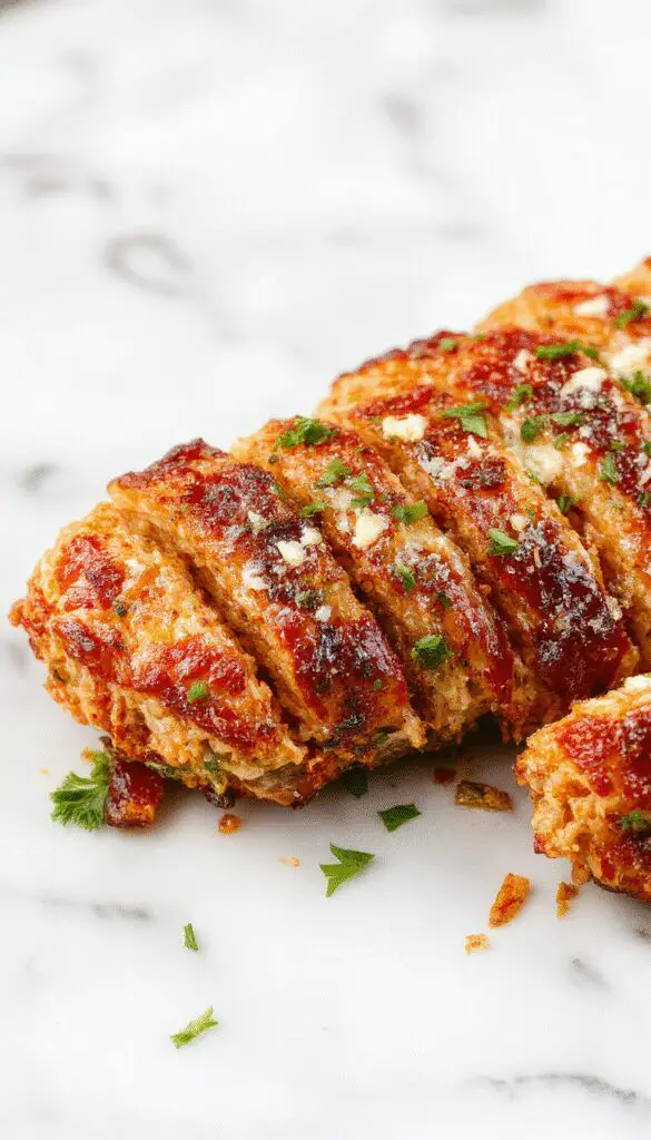 A golden-brown chicken meatloaf shaped into a loaf on a white plate, topped with melted Parmesan and sprinkled with fresh herbs. The loaf displays a moist, tender texture with a crispy crust, garnished with a sprig of parsley and surrounded by roasted vegetables.