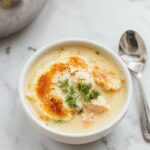 A steaming bowl of Chicken Pot Pie Soup featuring a creamy, golden broth topped with flaky pastry crust crumbles, garnished with fresh herbs, set on a rustic wooden table with a spoon resting beside.