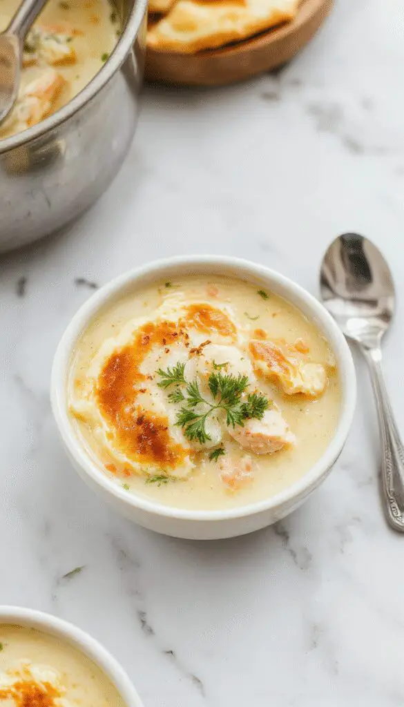A steaming bowl of Chicken Pot Pie Soup featuring a creamy, golden broth topped with flaky pastry crust crumbles, garnished with fresh herbs, set on a rustic wooden table with a spoon resting beside.