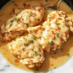 A close-up of a rustic stovetop scene showcasing a hearty chicken and gravy dish served in a deep white bowl. Tender shredded chicken is generously covered in rich, glossy brown gravy with visible herbs and spices. The bowl is placed on a wooden cutting board, garnished with chopped parsley and accompanied by flaky biscuits on the side. The backdrop features a cozy kitchen setting with warm lighting, highlighting the comforting appeal of the meal.