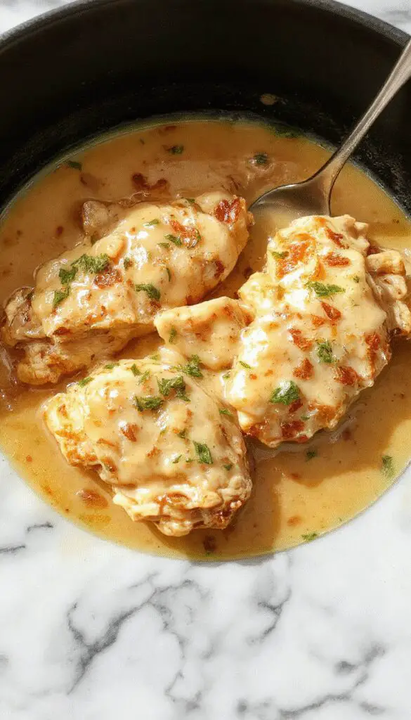 A close-up of a rustic stovetop scene showcasing a hearty chicken and gravy dish served in a deep white bowl. Tender shredded chicken is generously covered in rich, glossy brown gravy with visible herbs and spices. The bowl is placed on a wooden cutting board, garnished with chopped parsley and accompanied by flaky biscuits on the side. The backdrop features a cozy kitchen setting with warm lighting, highlighting the comforting appeal of the meal.
