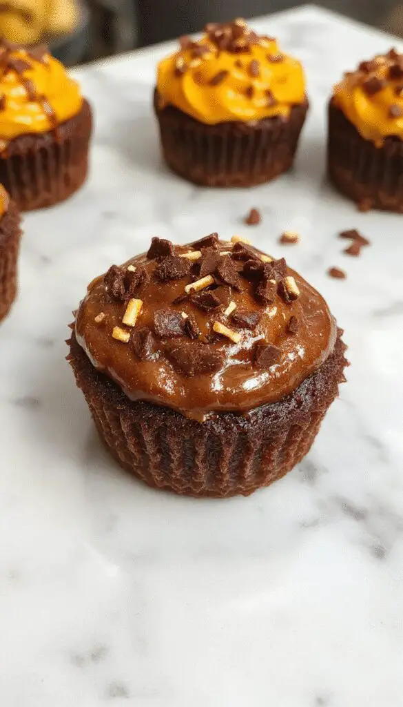 A close-up of two decorated Chocolate Pumpkin Cupcakes with orange and black themed Halloween toppers, glazed with shiny chocolate frosting and garnished with pumpkin-shaped candies, set on a rustic wooden surface with autumn leaves in the background.