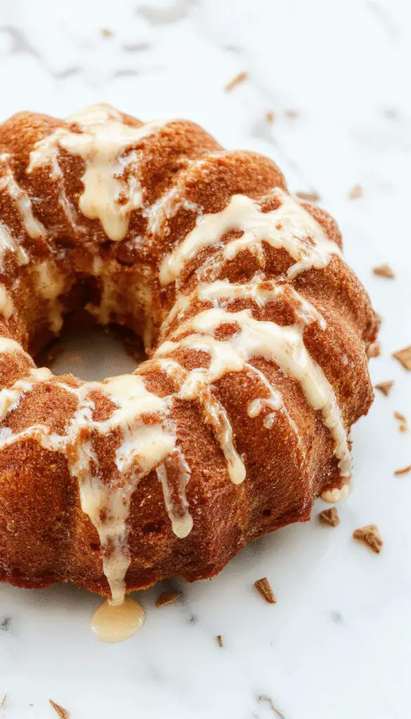 A golden-brown cinnamon swirl Bundt cake with a glossy glaze drizzled over the top, showcasing a beautifully spiral pattern. The cake is displayed on a elegant white plate with a few cinnamon sticks and powdered sugar sprinkled around. The textured surface of the cake highlights its moist crumb and cinnamon streaks, inviting a cozy baking vibe.