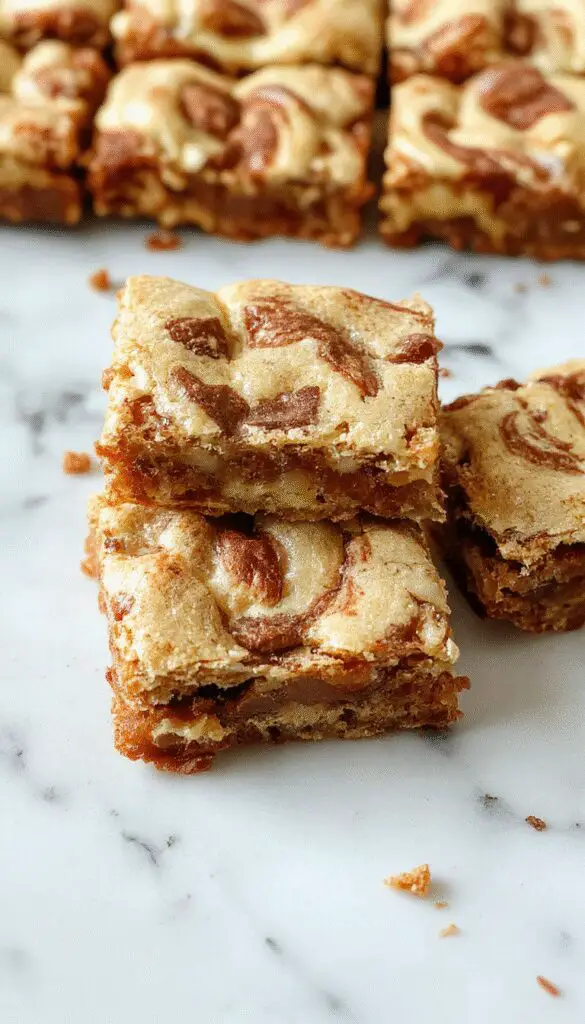 A close-up of a freshly sliced cinnamon swirl snickerdoodle blondie on a rustic wooden plate, showcasing its golden-brown crust with a cinnamon caramel swirl pattern, topped with a light dusting of powdered sugar. The background features a cozy kitchen setting with warm lighting and a few cinnamon sticks and baking utensils artfully arranged.
