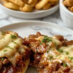 A close-up image of a beef sloppy joe sandwich featuring a toasted bun filled with rich, caramelized onions, melted cheese dripping over the seasoned ground beef, garnished with fresh herbs on a rustic wooden plate, with a side of crispy fries and a small bowl of dipping sauce.