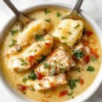 A steaming bowl of Olive Garden-style chicken gnocchi soup garnished with fresh herbs, featuring tender gnocchi, shredded chicken, and vibrant vegetables in a creamy broth, with a rustic wooden table background and a sprinkle of black pepper on top.