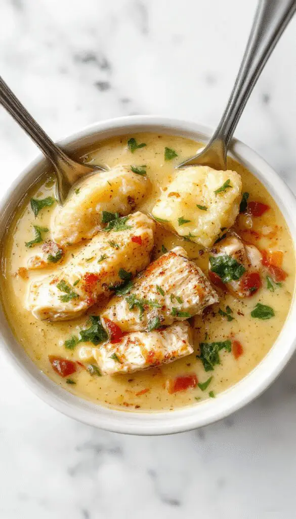 A steaming bowl of Olive Garden-style chicken gnocchi soup garnished with fresh herbs, featuring tender gnocchi, shredded chicken, and vibrant vegetables in a creamy broth, with a rustic wooden table background and a sprinkle of black pepper on top.