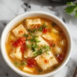 A steaming bowl of potsticker soup featuring golden-brown dumplings floating in a clear, savory broth, garnished with chopped green onions and freshly sliced vegetables, placed on a rustic wooden table with steam rising vividly from the bowl.