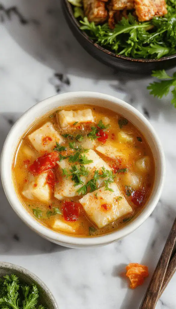 A steaming bowl of potsticker soup featuring golden-brown dumplings floating in a clear, savory broth, garnished with chopped green onions and freshly sliced vegetables, placed on a rustic wooden table with steam rising vividly from the bowl.