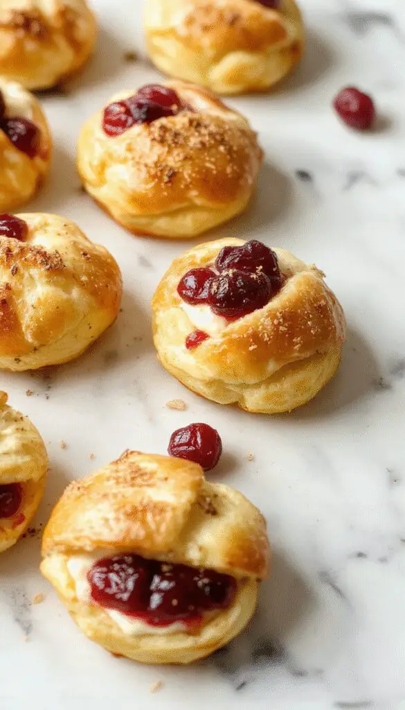 Close-up of golden-brown crescent-shaped bites topped with vibrant red cranberry sauce and creamy white cheese, arranged on a white plate garnished with fresh rosemary, with a hint of fall-themed decor in the background