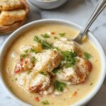 A steaming bowl of creamy chicken and rice soup garnished with chopped herbs, showing tender chicken pieces, fluffy rice, and a rich, thick broth, served on a rustic wooden table with a spoon and a napkin.