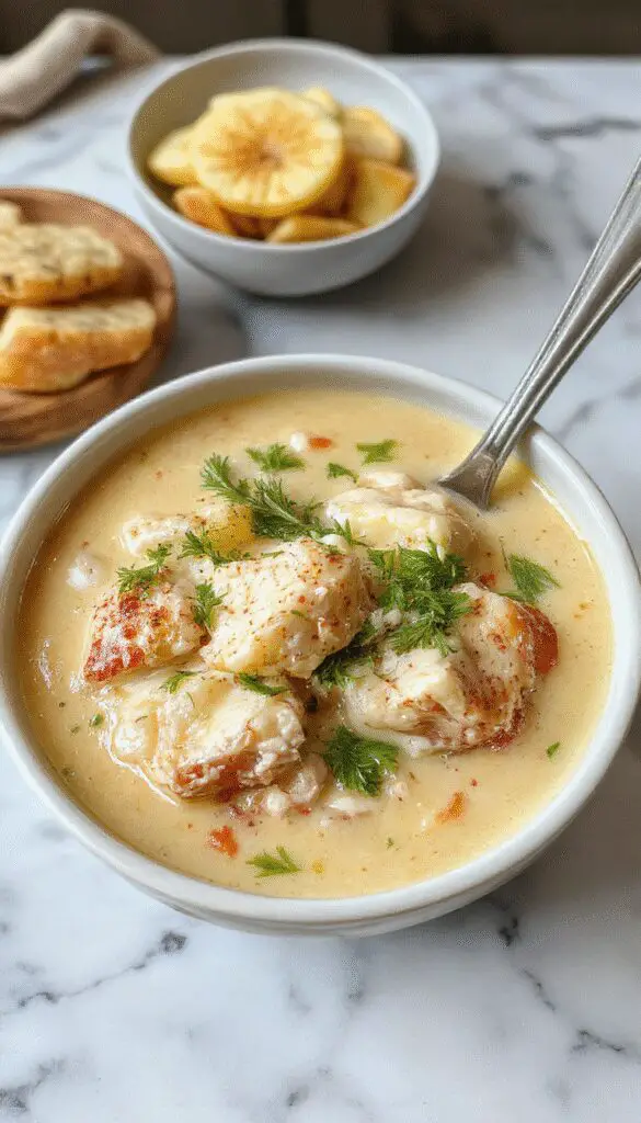 A steaming bowl of creamy chicken and rice soup garnished with chopped herbs, showing tender chicken pieces, fluffy rice, and a rich, thick broth, served on a rustic wooden table with a spoon and a napkin.