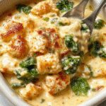 A creamy chicken and spinach casserole served hot in a rustic white baking dish, topped with golden melted cheese and fresh basil leaves, surrounded by scooped portions showing tender chicken, vibrant green spinach, and a golden-brown crust.