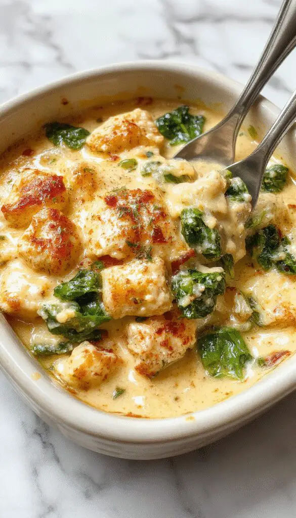 A creamy chicken and spinach casserole served hot in a rustic white baking dish, topped with golden melted cheese and fresh basil leaves, surrounded by scooped portions showing tender chicken, vibrant green spinach, and a golden-brown crust.