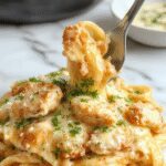 A close-up of a creamy garlic Parmesan chicken pasta dish served on a white plate. The pasta is coated in a rich, creamy sauce with visible bits of grated Parmesan cheese. Sliced grilled chicken breasts are arranged on top, garnished with chopped parsley and minced garlic. The dish is set against a rustic wooden table with a fork resting beside it, highlighting a warm, inviting presentation.