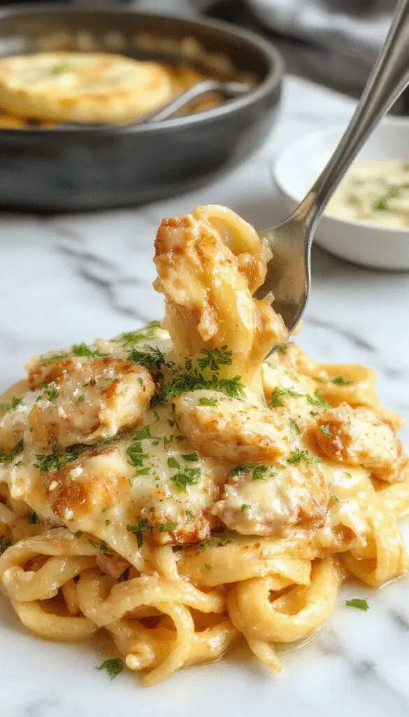 A close-up of a creamy garlic Parmesan chicken pasta dish served on a white plate. The pasta is coated in a rich, creamy sauce with visible bits of grated Parmesan cheese. Sliced grilled chicken breasts are arranged on top, garnished with chopped parsley and minced garlic. The dish is set against a rustic wooden table with a fork resting beside it, highlighting a warm, inviting presentation.