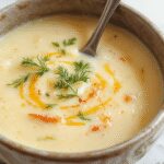 A bowl of creamy Tuscan artichoke soup garnished with fresh herbs and a drizzle of olive oil, with artichoke hearts and herbs visible on top. The soup is served in a rustic white bowl on a wooden table, with slices of crusty bread and a sprig of herbs nearby, evoking a warm, inviting culinary setting.
