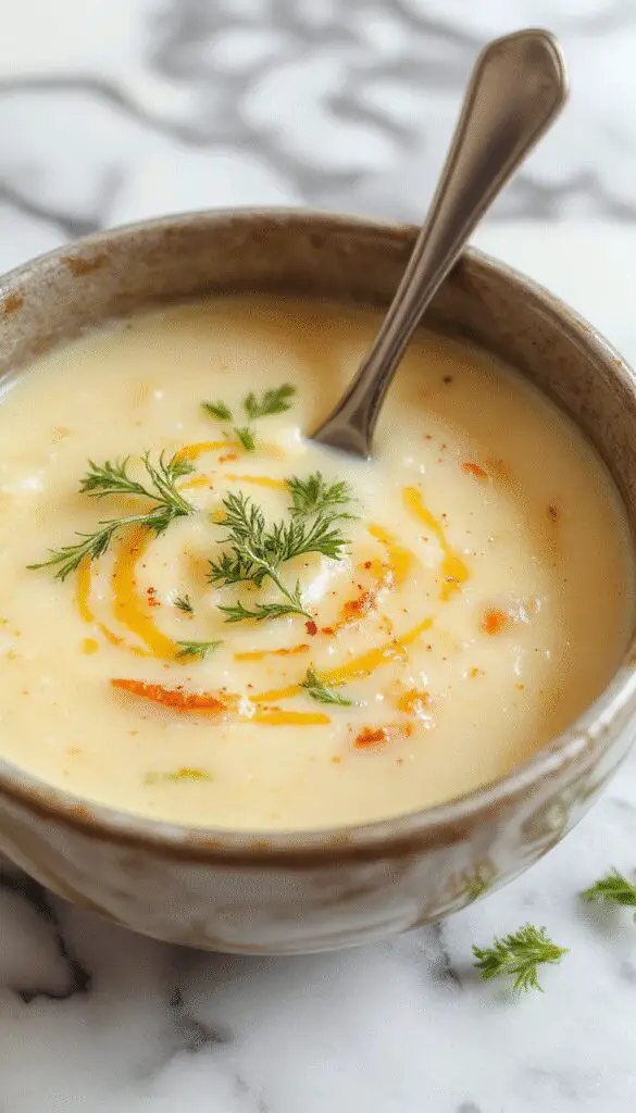 A bowl of creamy Tuscan artichoke soup garnished with fresh herbs and a drizzle of olive oil, with artichoke hearts and herbs visible on top. The soup is served in a rustic white bowl on a wooden table, with slices of crusty bread and a sprig of herbs nearby, evoking a warm, inviting culinary setting.